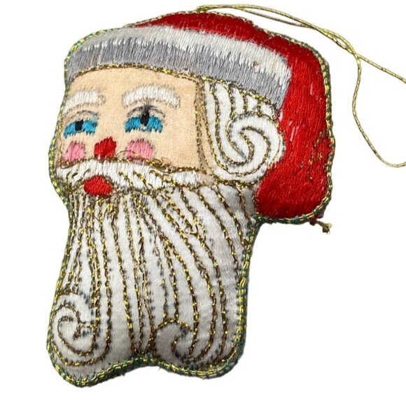 unknown Other - vintage Christmas embowered Santa Claus head tree ornament red gold sparkle READ